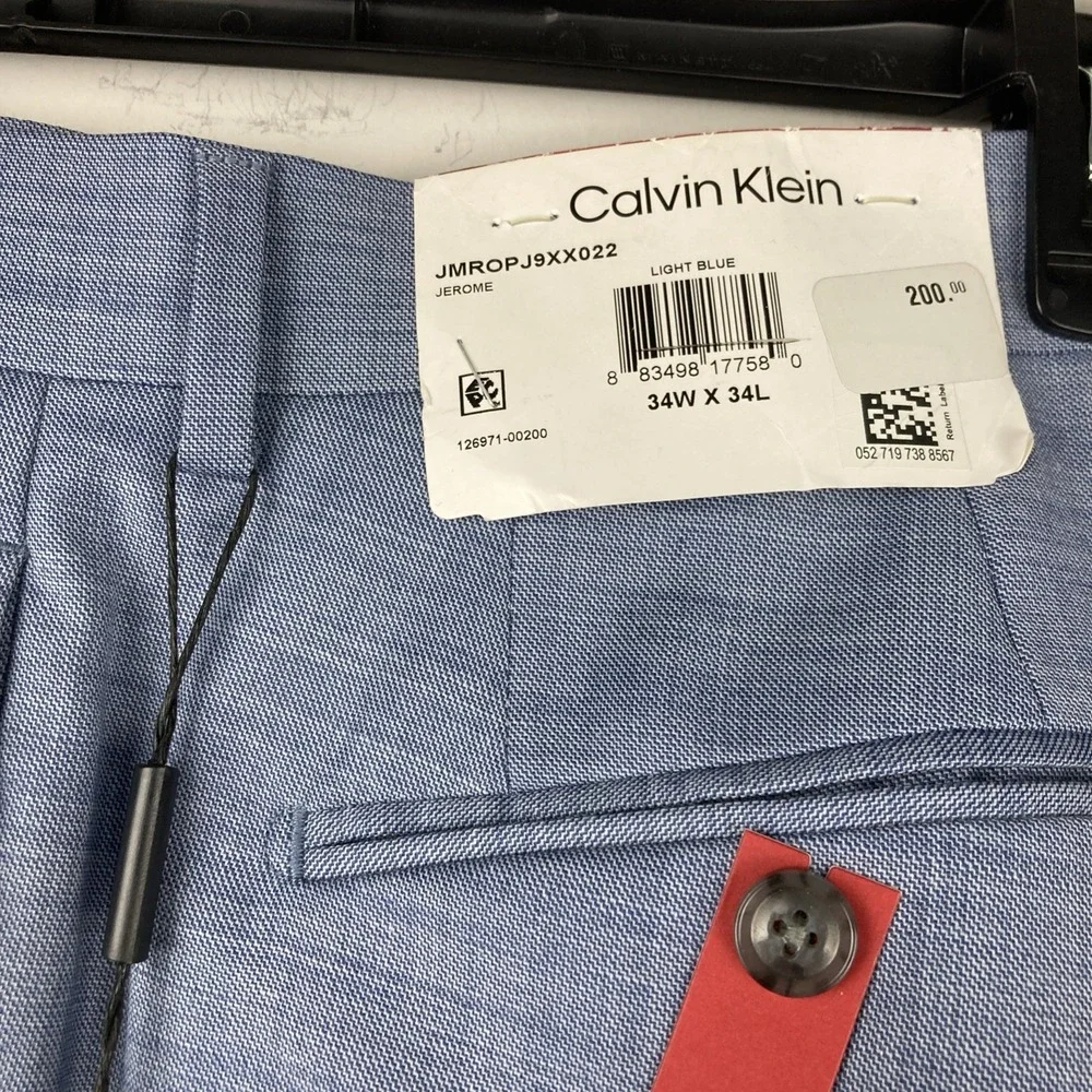 Calvin Klein Mens Slim fit Dress Pants 34W 34L‎ Light Blue Solid Stretch